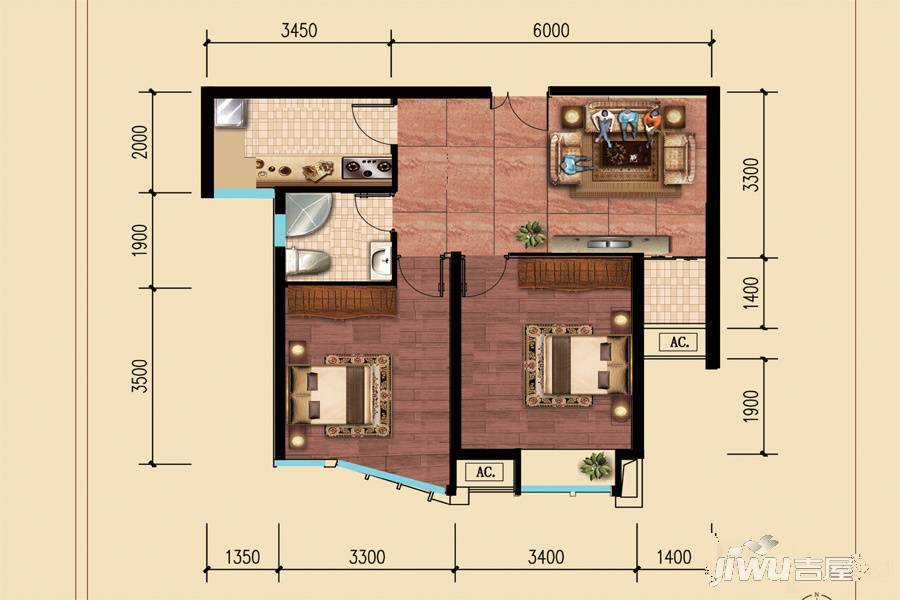 特兴青云都汇2室2厅1卫74.4㎡户型图