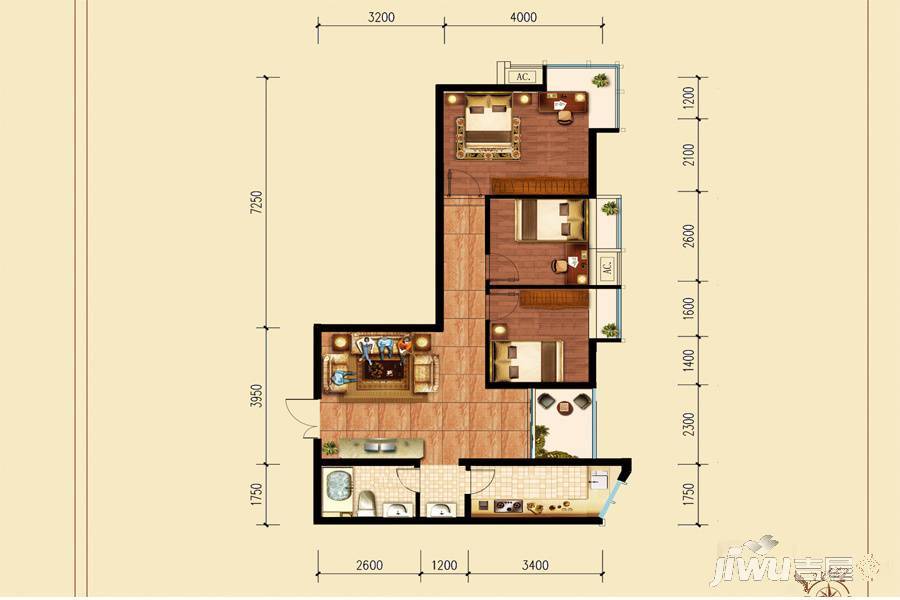 特兴青云都汇3室2厅1卫88.8㎡户型图