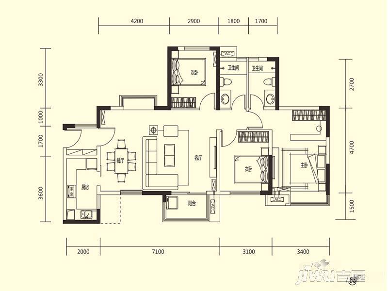 华润国际社区3室2厅2卫112㎡户型图