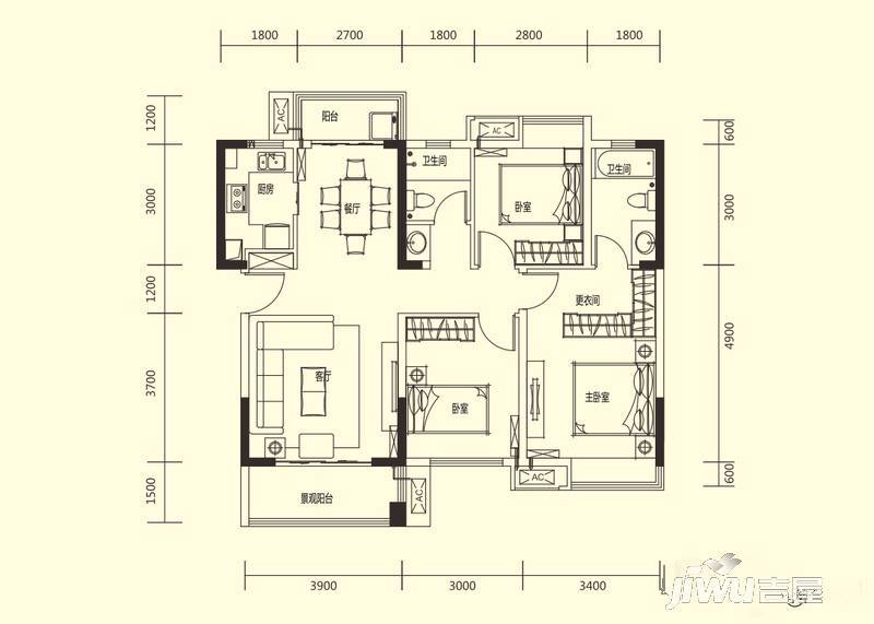 华润国际社区3室2厅2卫110㎡户型图