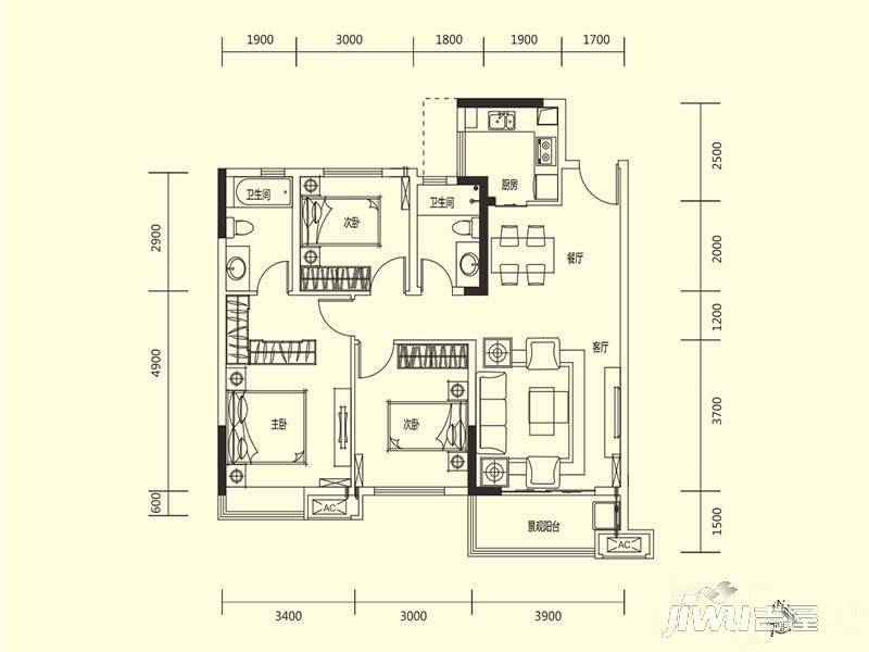 华润国际社区3室2厅2卫109㎡户型图