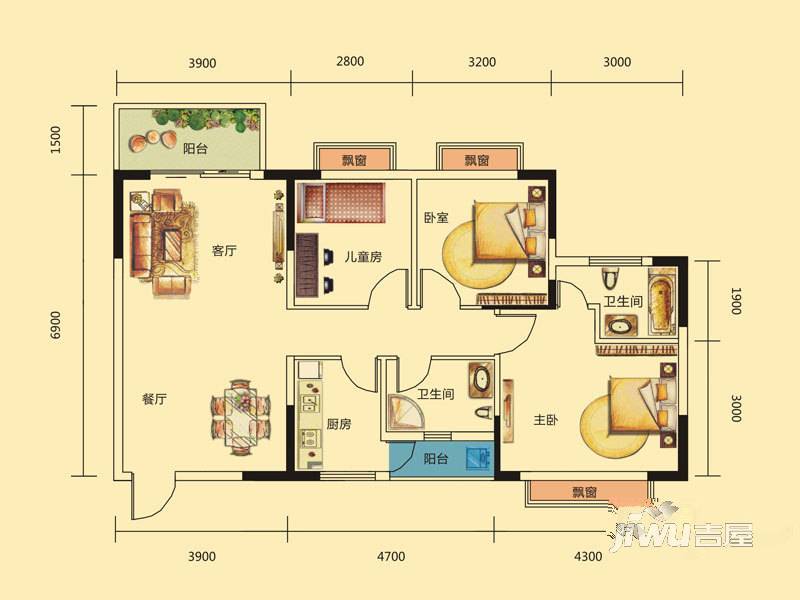 贵阳观府壹号一组团8号楼a3-a4户型户型图_首付金额_3室2厅2卫_105.