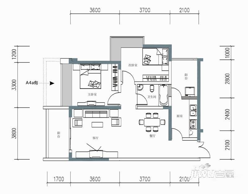 美林谷2室2厅1卫89.5㎡户型图