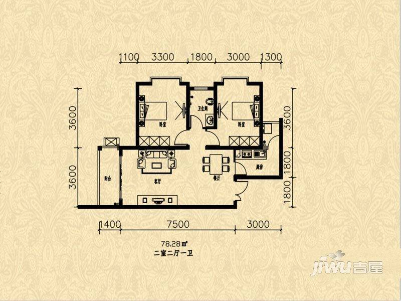 旺角金座二期2室2厅1卫78.3㎡户型图