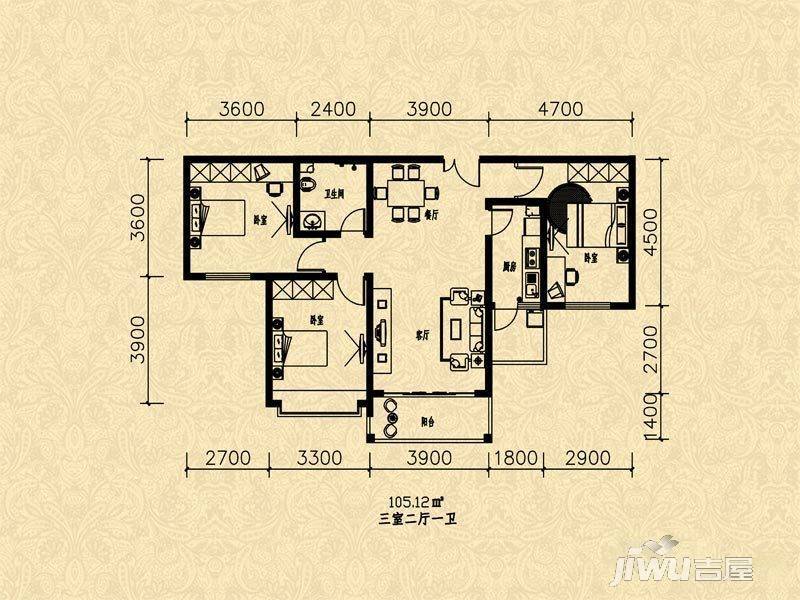旺角金座二期3室2厅1卫105.1㎡户型图