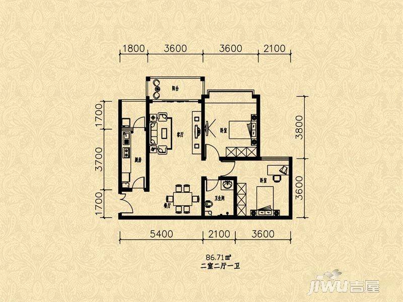 旺角金座二期2室2厅1卫78.3㎡户型图