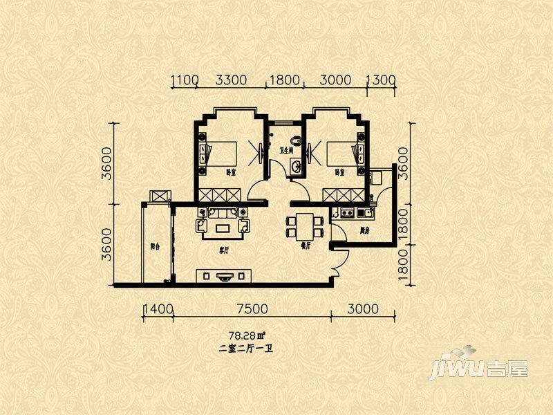 旺角金座二期2室2厅1卫78.3㎡户型图