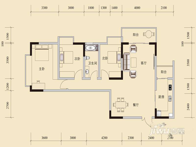 城市之光3室2厅1卫104㎡户型图