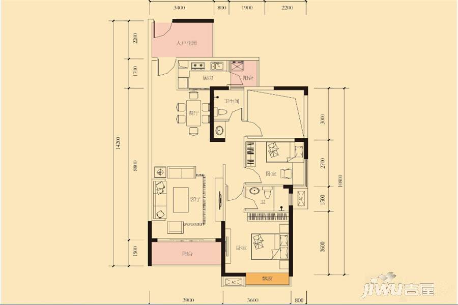 天悦湾2室2厅2卫103.6㎡户型图