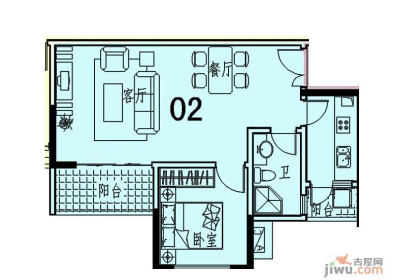 中天会展城1室2厅1卫65.4㎡户型图