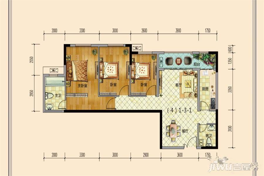 麒龙商务港3室2厅2卫115㎡户型图