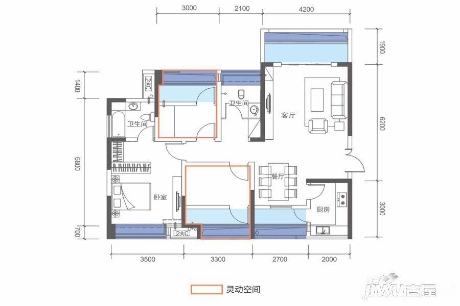 黄埔国际3室2厅2卫111㎡户型图