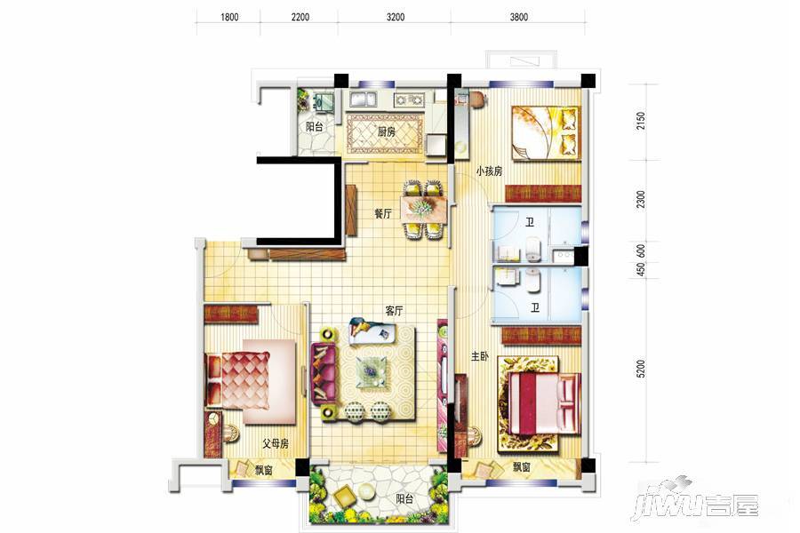 碧桂园花溪1号3室2厅2卫124㎡户型图