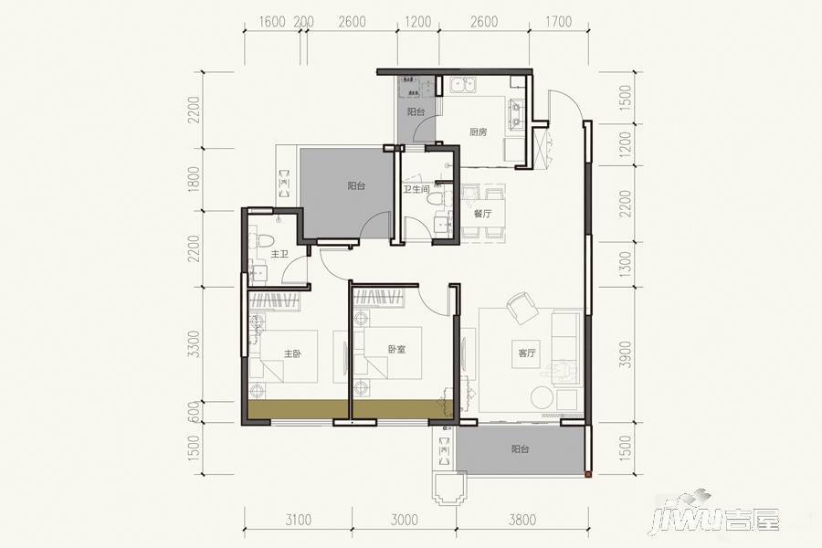 美的林城时代2室2厅2卫96.3㎡户型图