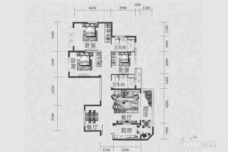 恒大雅苑3室2厅2卫111.3㎡户型图