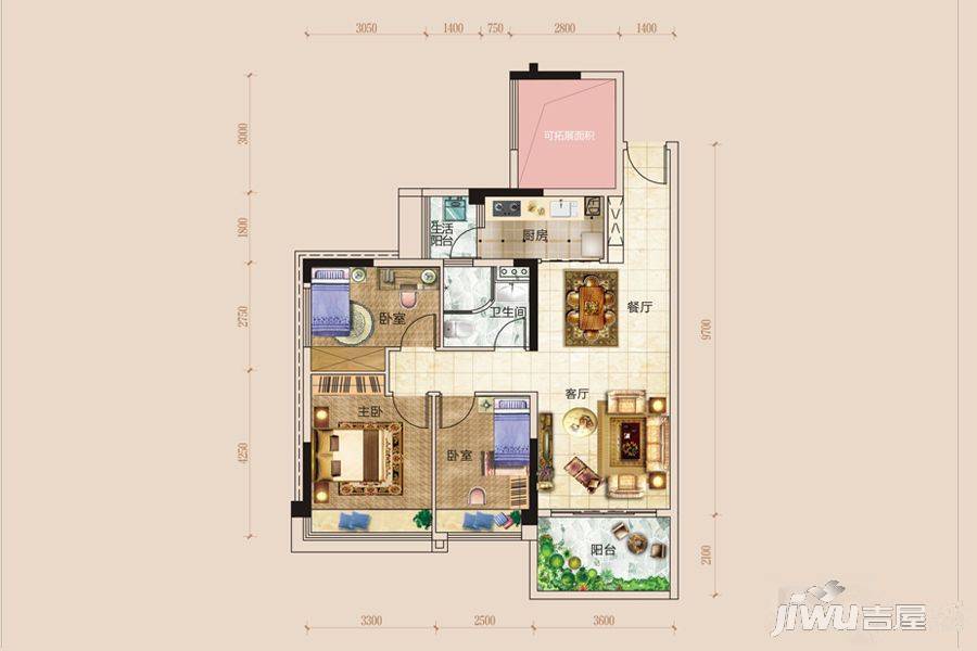 碧桂园贵阳1号3室2厅1卫93㎡户型图