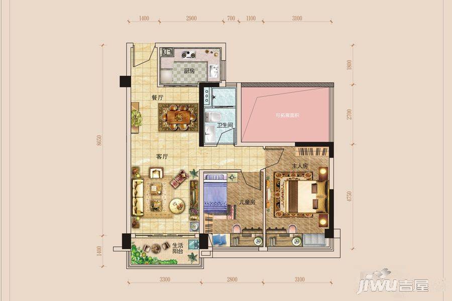 碧桂园贵阳1号2室2厅2卫78㎡户型图