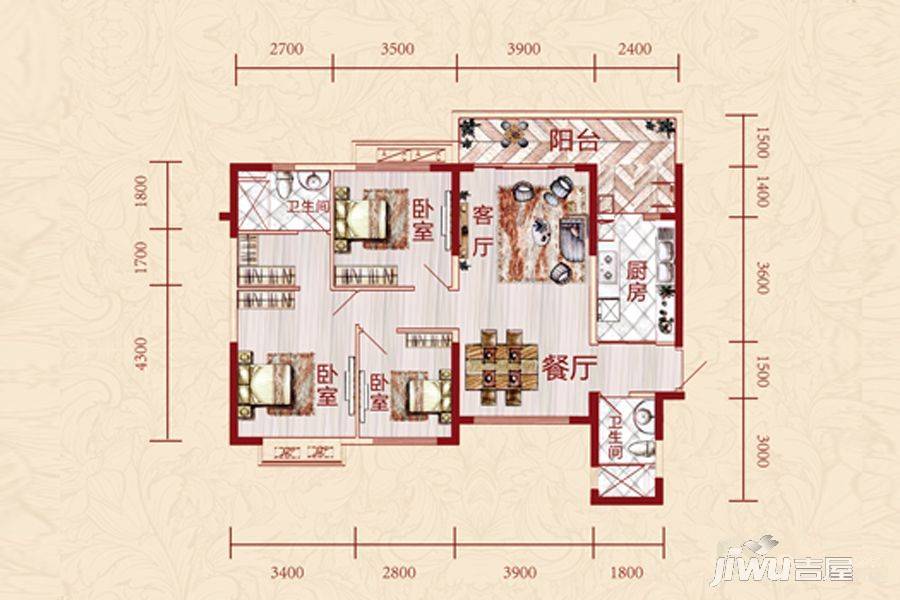 恒大雅苑3室2厅2卫128㎡户型图