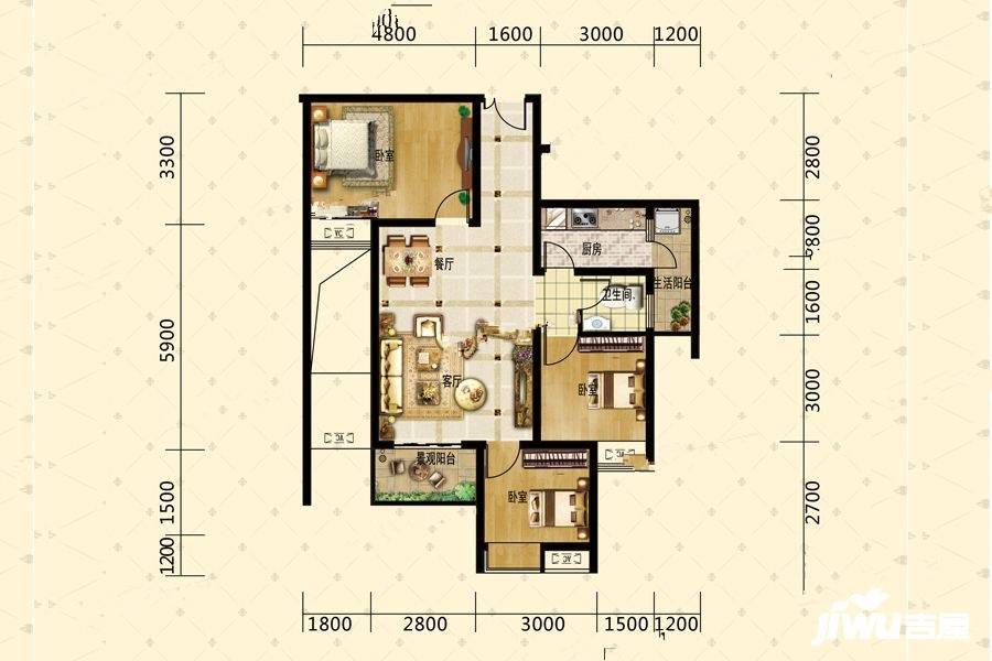 宝捷黔中一号3室2厅1卫93㎡户型图