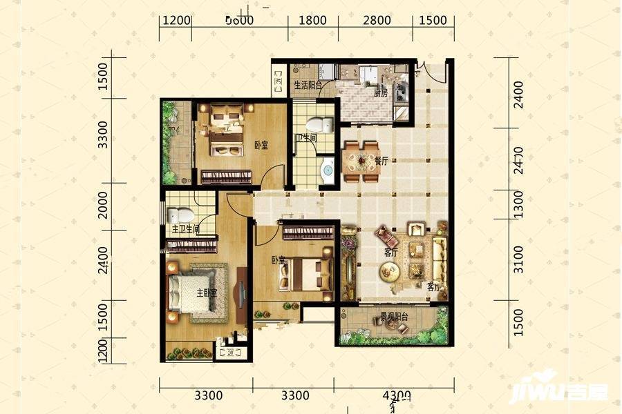 宝捷黔中一号3室2厅1卫118.8㎡户型图