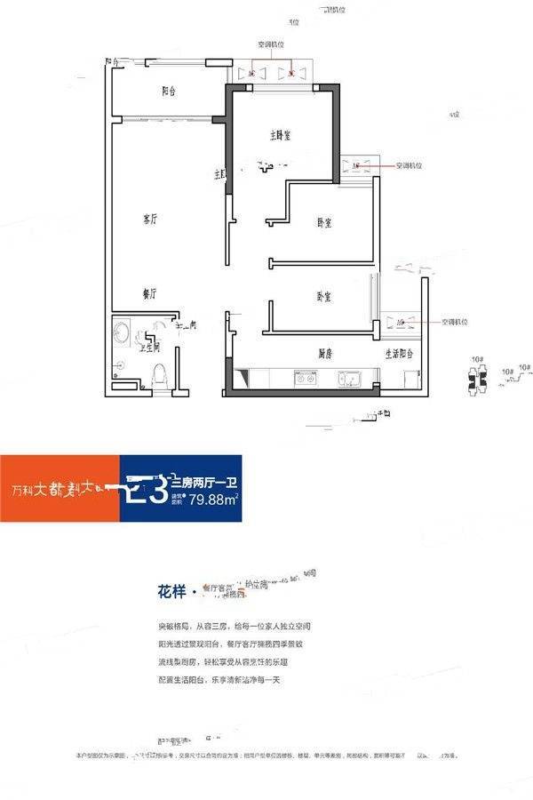 万科大都会花样3室2厅1卫79.9㎡户型图