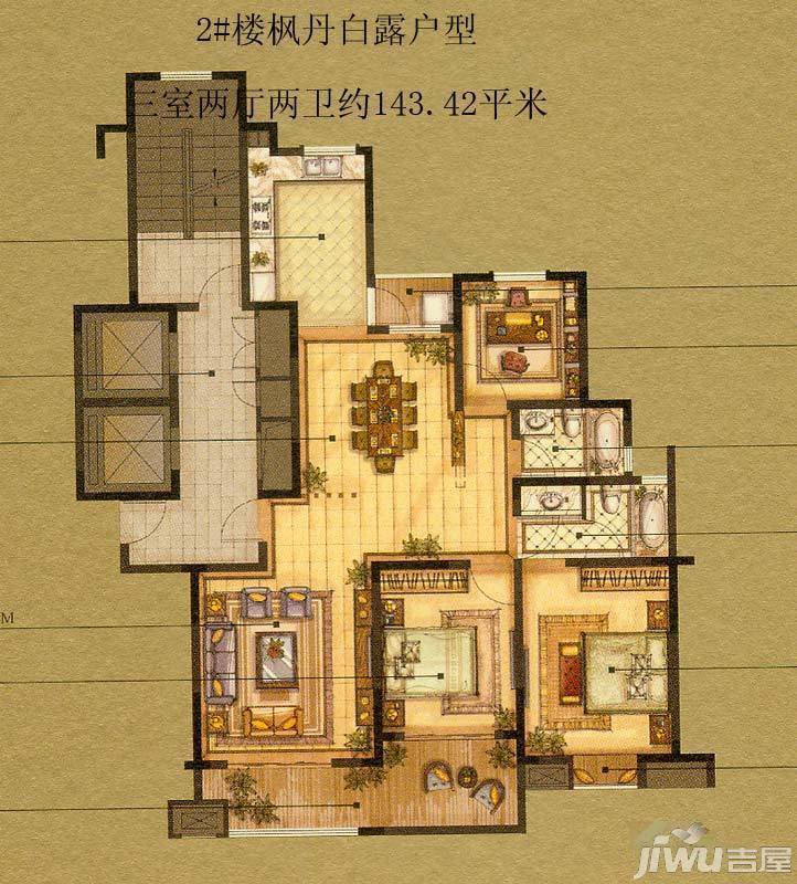 汇景名豪3室2厅2卫143.4㎡户型图