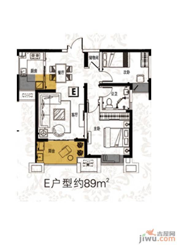 海门东恒盛国际公馆2室2厅1卫89㎡户型图