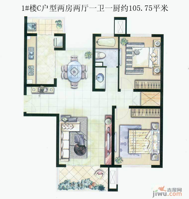 证大清华园2室2厅1卫105.8㎡户型图