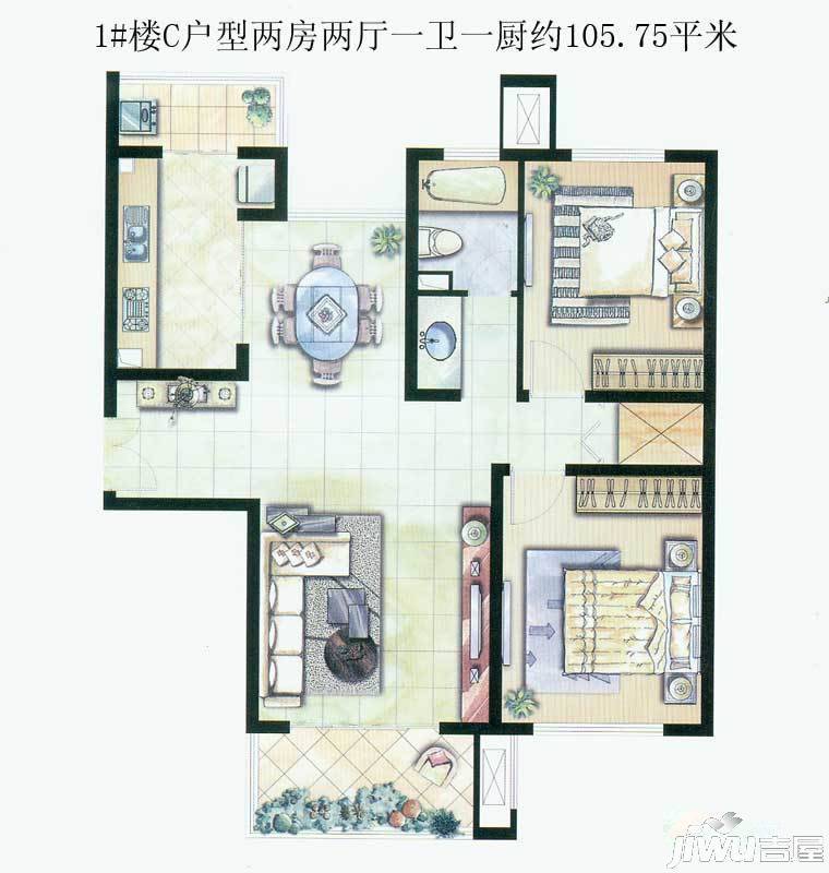 证大清华园2室2厅1卫105.8㎡户型图