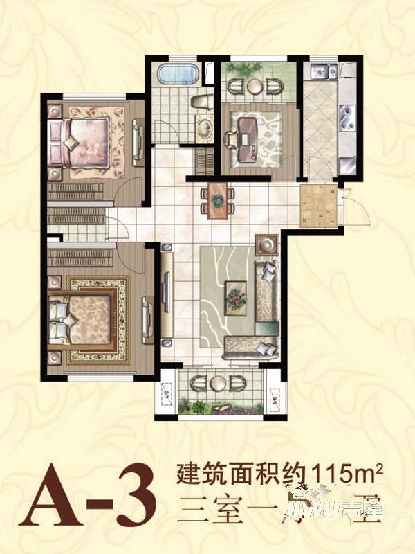 银洲皇家花园3室2厅1卫115㎡户型图