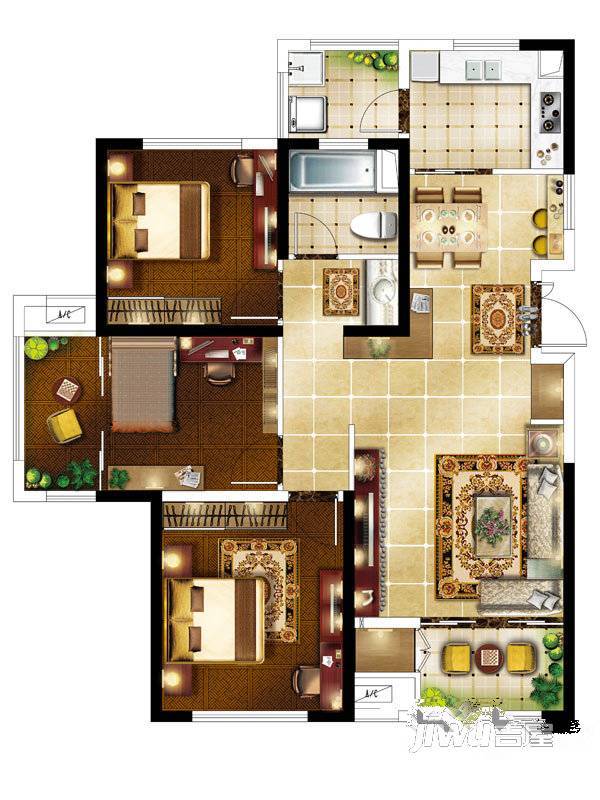 银洲皇家花园3室2厅1卫120.7㎡户型图