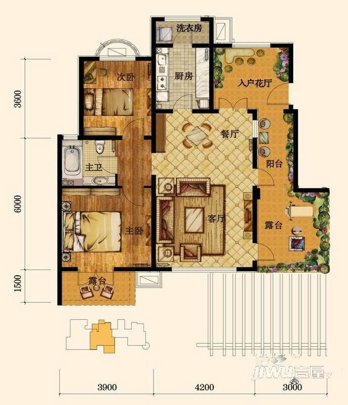 鸿坤罗纳河谷2室3厅1卫户型图