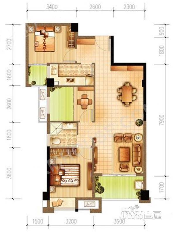 和信山语海2室2厅1卫91㎡户型图