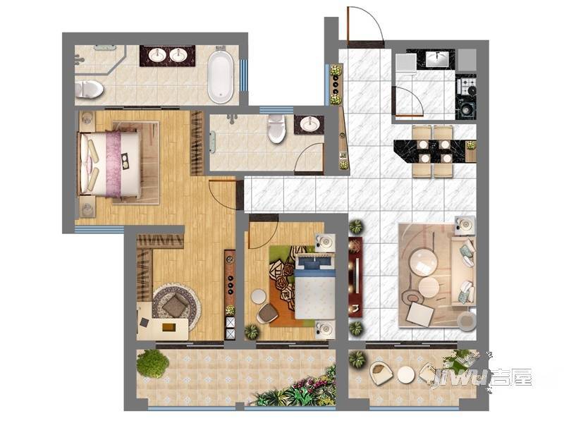 君悦黄金海岸2室2厅2卫90㎡户型图