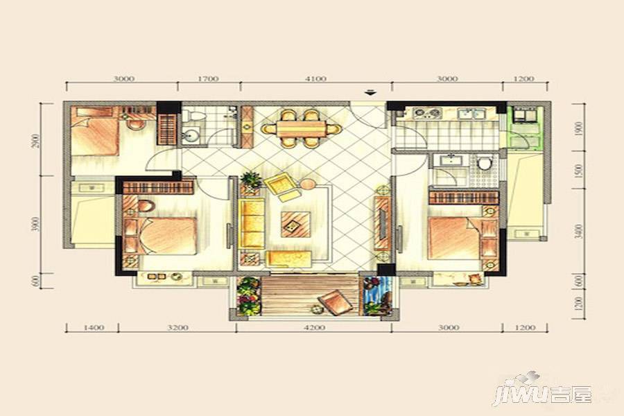 荣昌公馆3室2厅2卫98㎡户型图