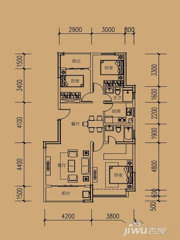 水岸家园3室2厅2卫120㎡户型图