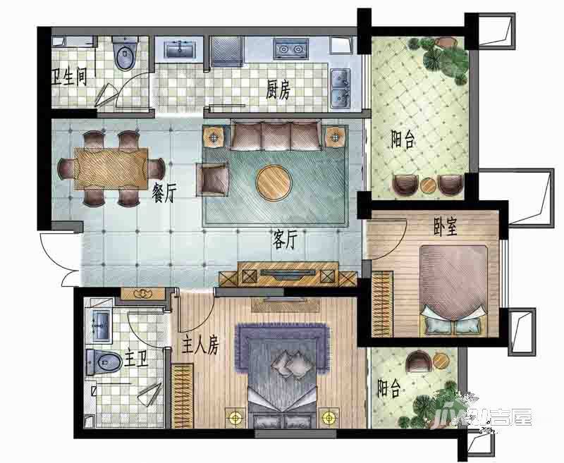 滨江俊园2室2厅2卫88㎡户型图