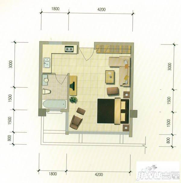 野鸭湖酩悦台1室1厅1卫43.6㎡户型图