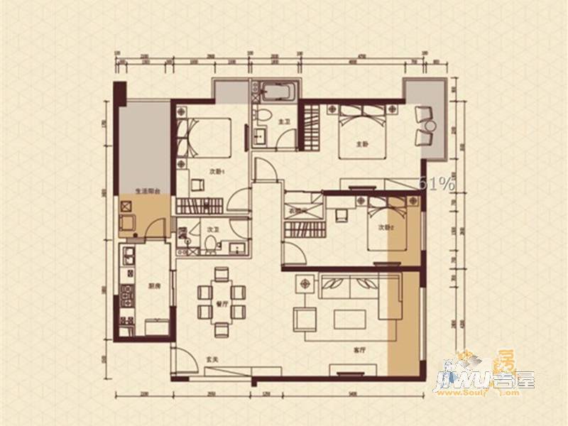 保利六合3室2厅2卫129㎡户型图