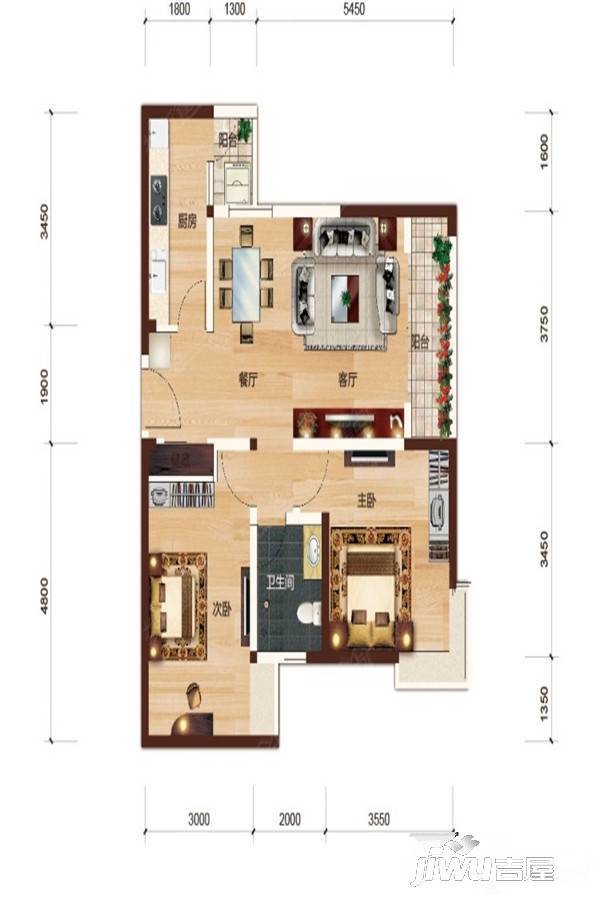 南悦城鲸彩广场2室2厅1卫87㎡户型图