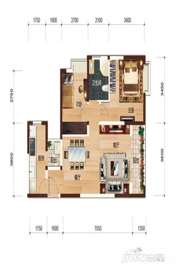 南悦城鲸彩广场2室2厅1卫88㎡户型图