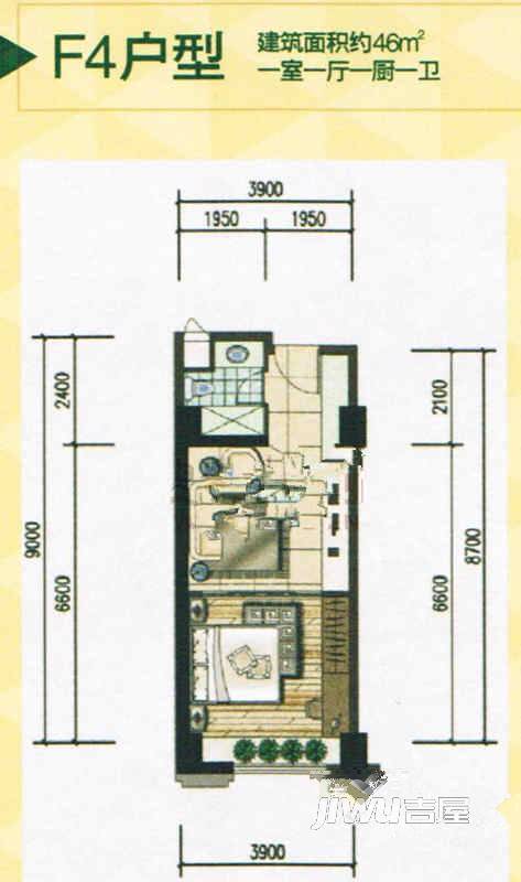 红河云岭·盛世佳园1室1厅1卫46㎡户型图