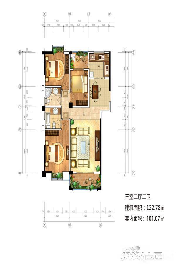 现代文庭3室2厅2卫122.8㎡户型图