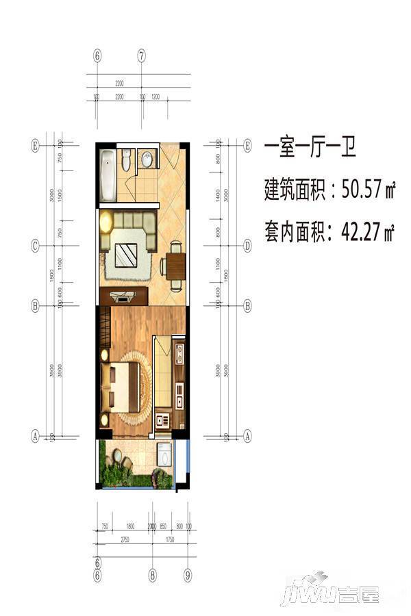 现代文庭1室1厅1卫50.6㎡户型图