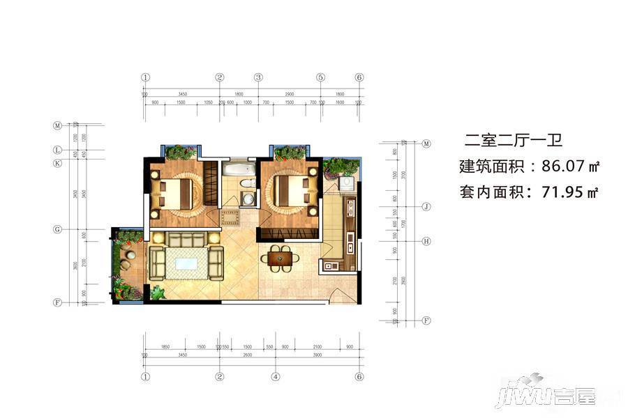 现代文庭2室2厅1卫86.1㎡户型图