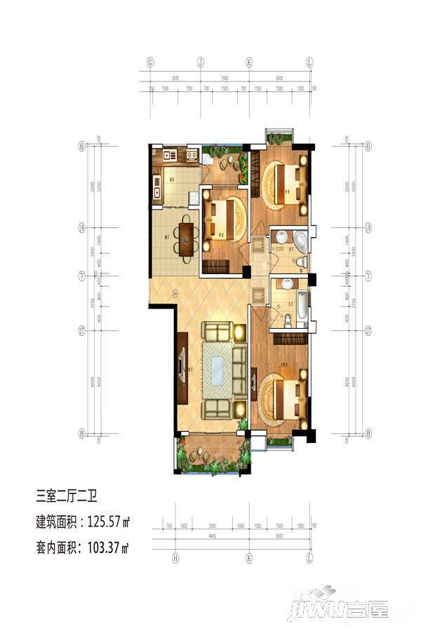 现代文庭3室2厅2卫125.6㎡户型图