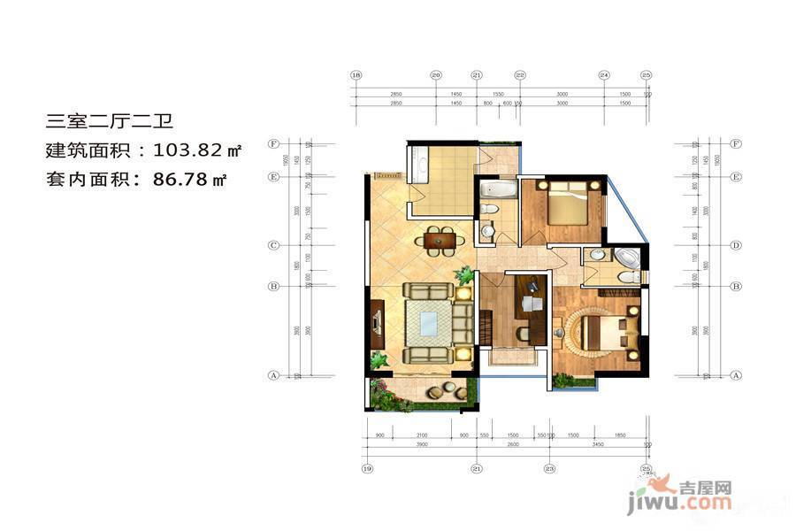 现代文庭3室2厅2卫103.8㎡户型图