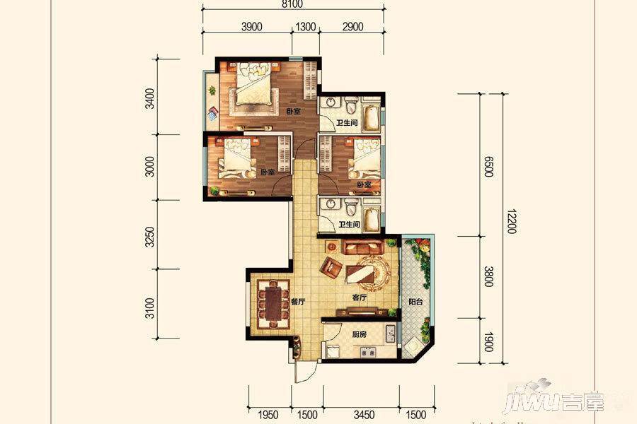 昆明恒大名都3室2厅2卫112㎡户型图