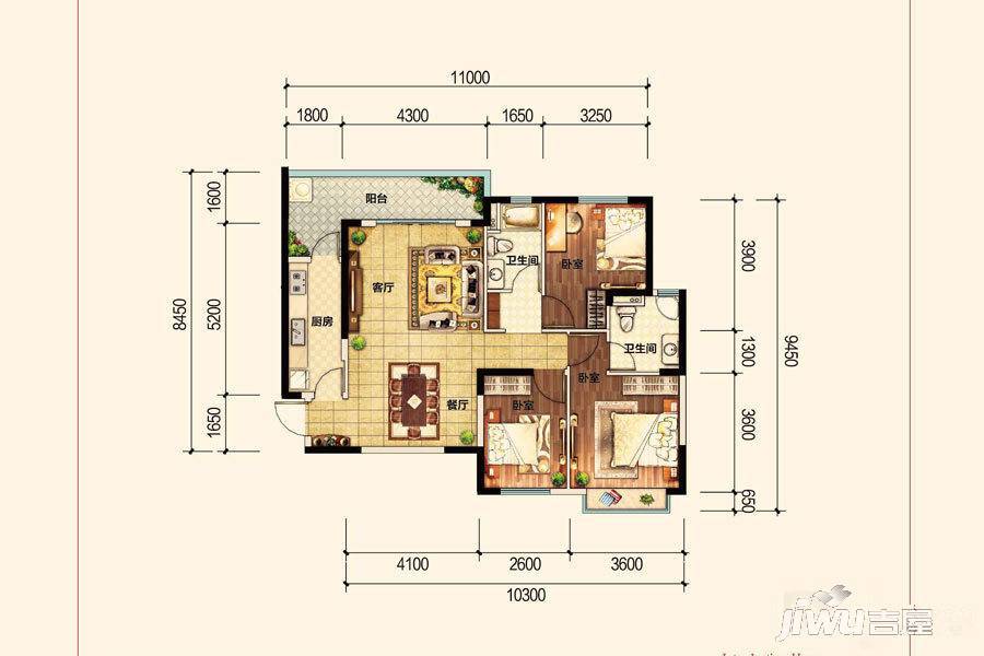 昆明恒大名都3室2厅2卫118㎡户型图