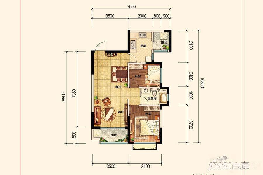 昆明恒大名都2室2厅1卫82㎡户型图